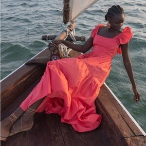 Oliphant Flirty Tie Back Maxi Dress Coral XS Cotton
